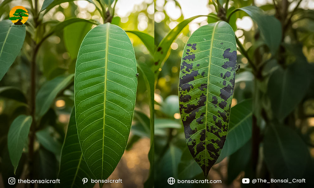 Close-up of Mangifera indica mango leaves affected by powdery mildew disease