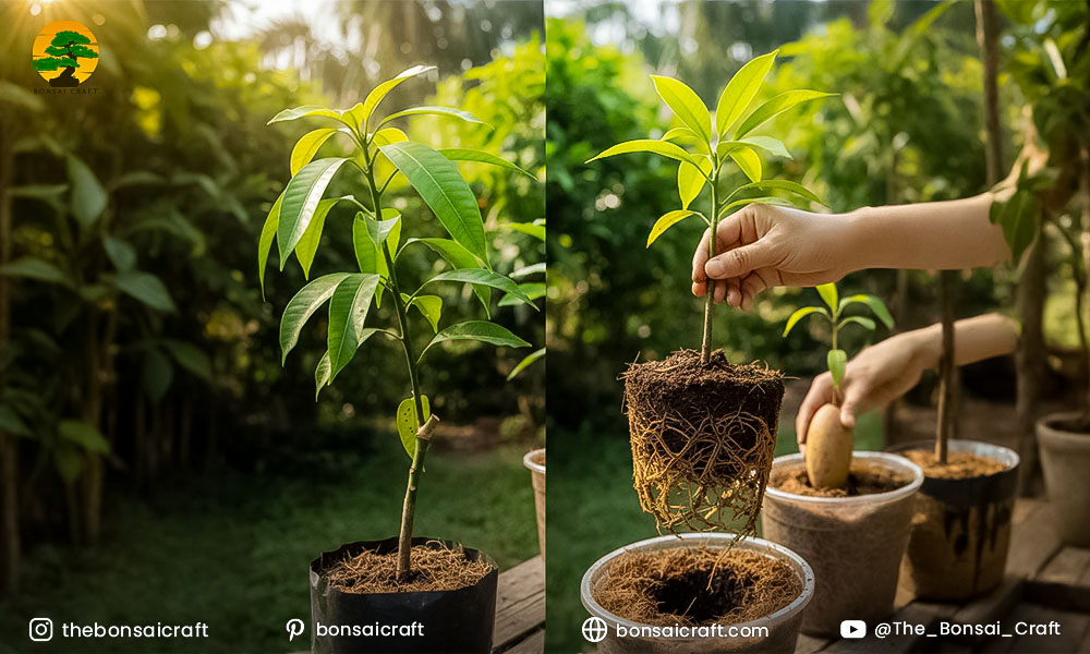 Side-by-side comparison of seed-grown and grafted Mangifera indica plants at nursery stage