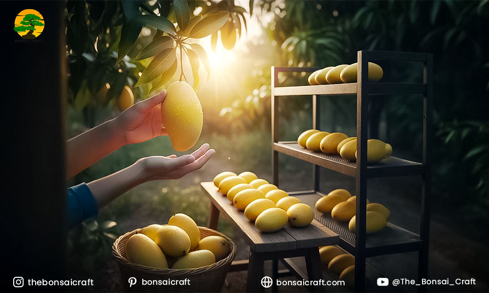 Freshly harvested ripe mangoes from a Mangifera indica tree placed in wooden crates for storage