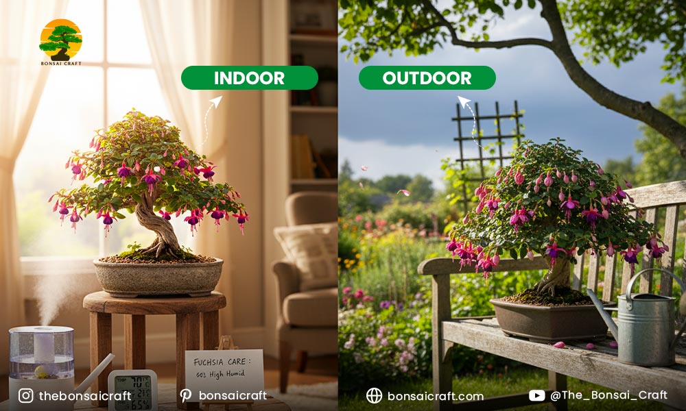 Fuchsia bonsai thriving indoors near a window and outdoors in partial shade conditions