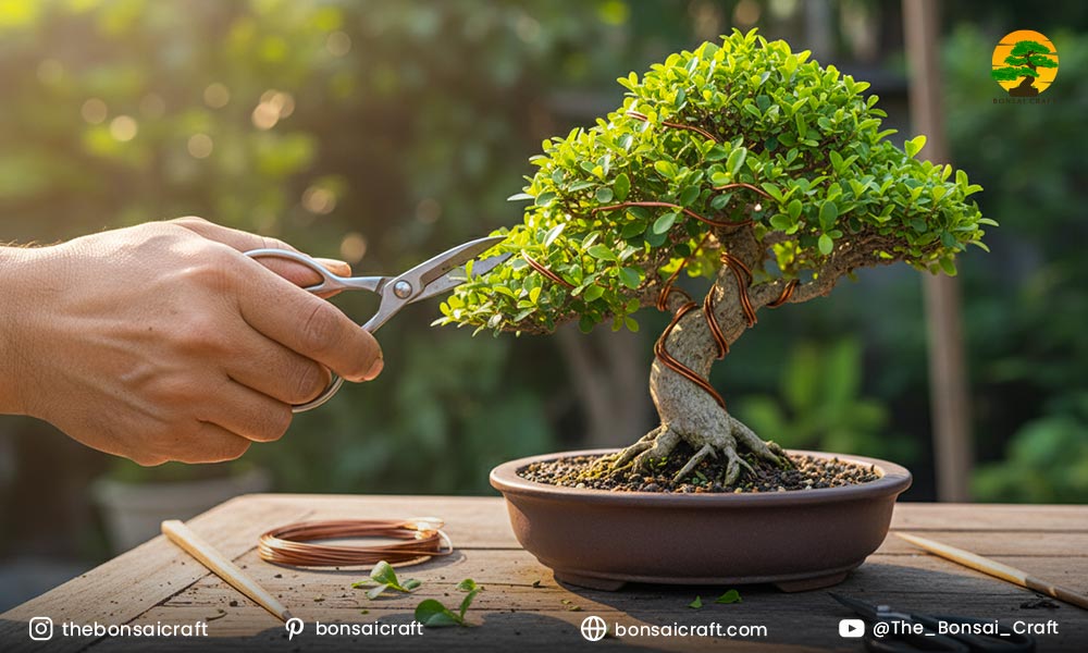Pruning and shaping Premna bonsai branches for compact growth and artistic design