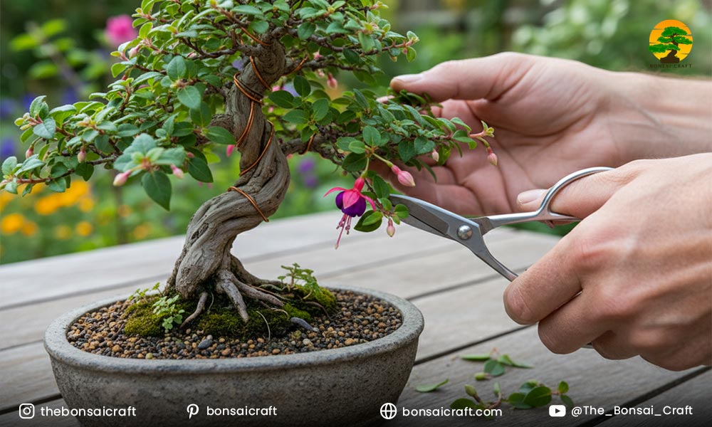 Pruning and shaping Fuchsia bonsai branches to maintain compact growth and elegant form