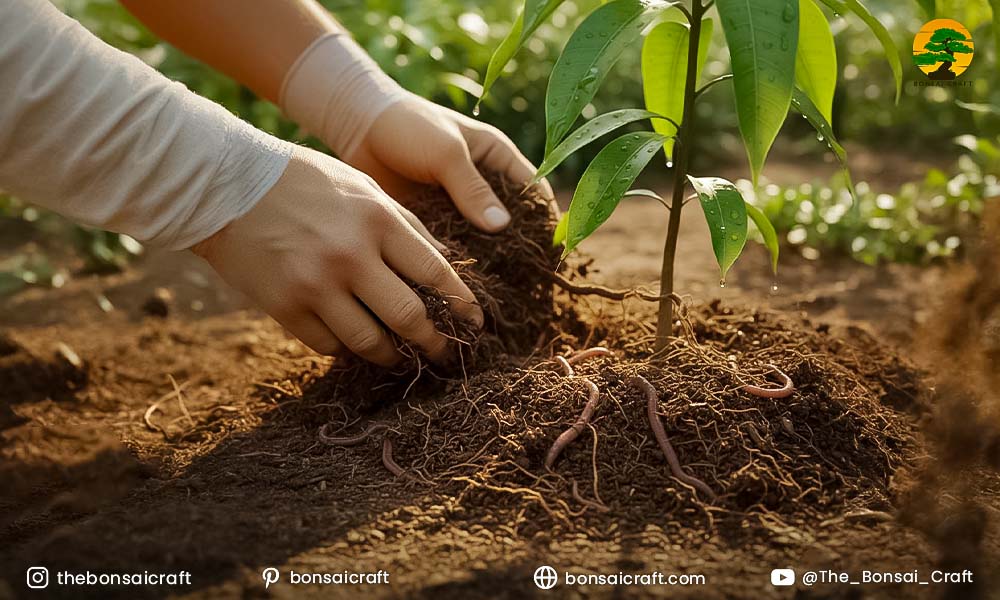Applying organic compost and fertilizer around the base of a Mangifera indica tree for better soil nutrition