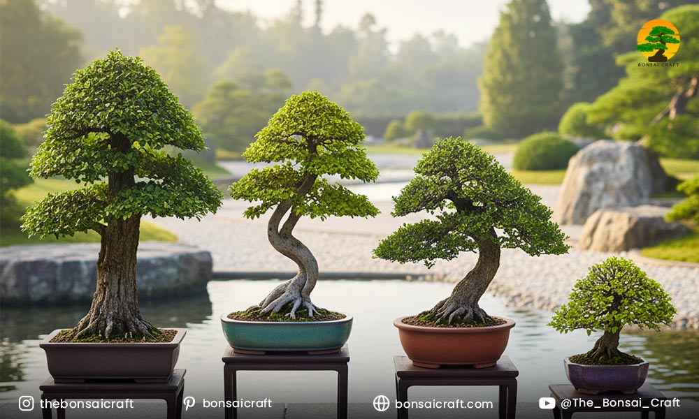 Premna bonsai styling options including informal upright, cascade, and broom styles