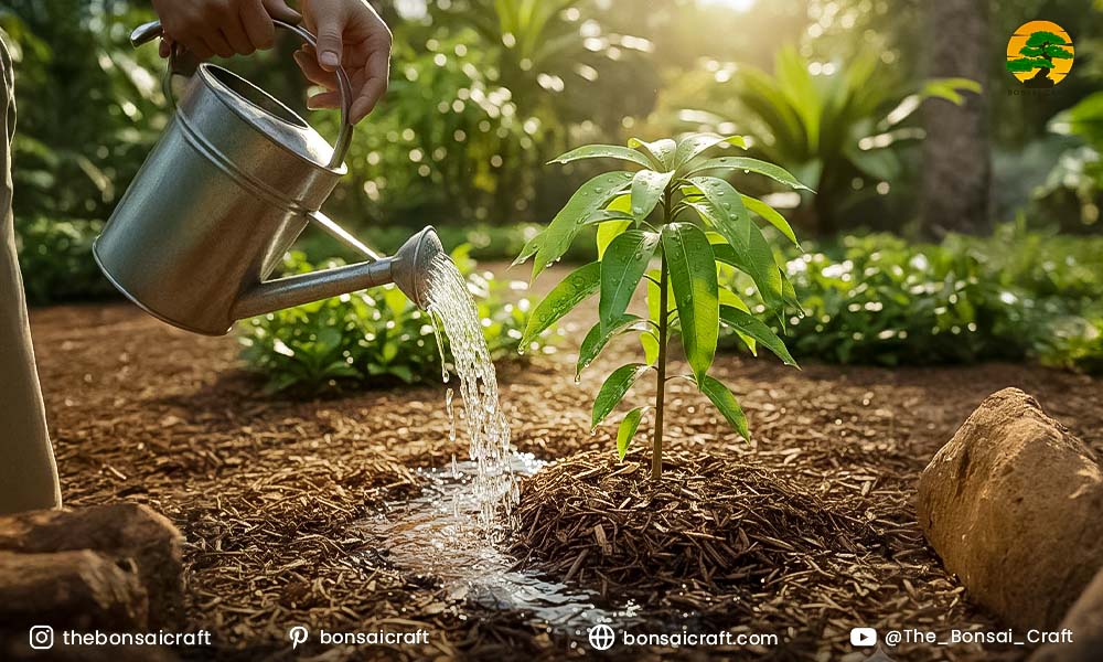Gardener watering a young Mangifera indica plant in a well-drained field under bright sunlight
