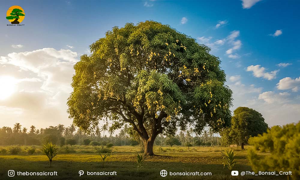 Close-up of Mangifera indica mango tree with green leaves and flower clusters in tropical sunlight