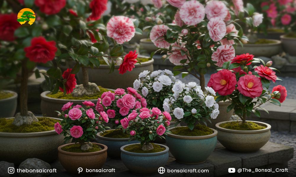 Different Camellia japonica varieties displaying diverse flower colors, shapes, and sizes in a garden setting.