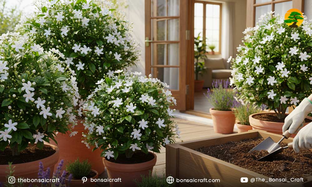 Jasminum sambac planted in a bright, well-drained garden area receiving partial sunlight for healthy growth.