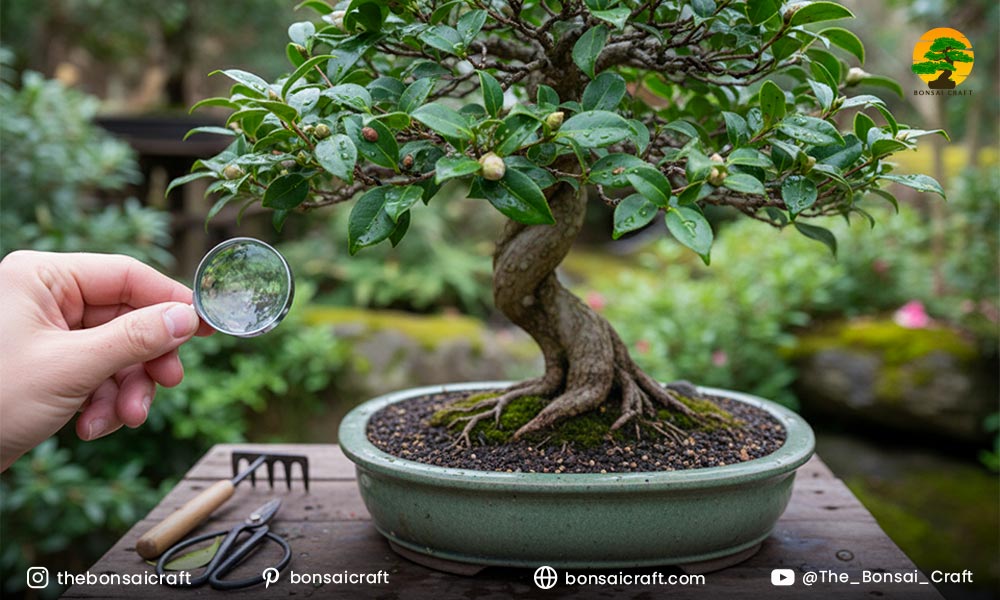 Camellia japonica leaves affected by common pests and fungal diseases, showing signs of damage and spots.