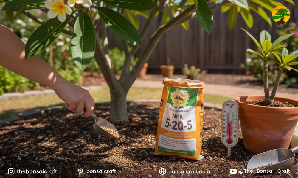 Plumeria plant being fertilized with bloom-boosting nutrients for stronger growth and abundant flowers.
