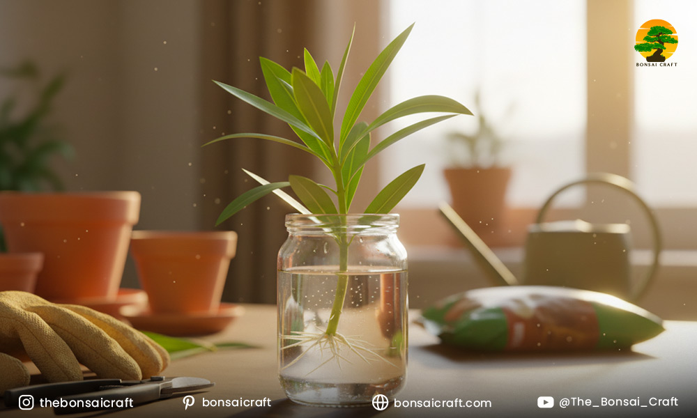 Hands planting Nerium oleander cuttings in moist soil to encourage root development and successful propagation.