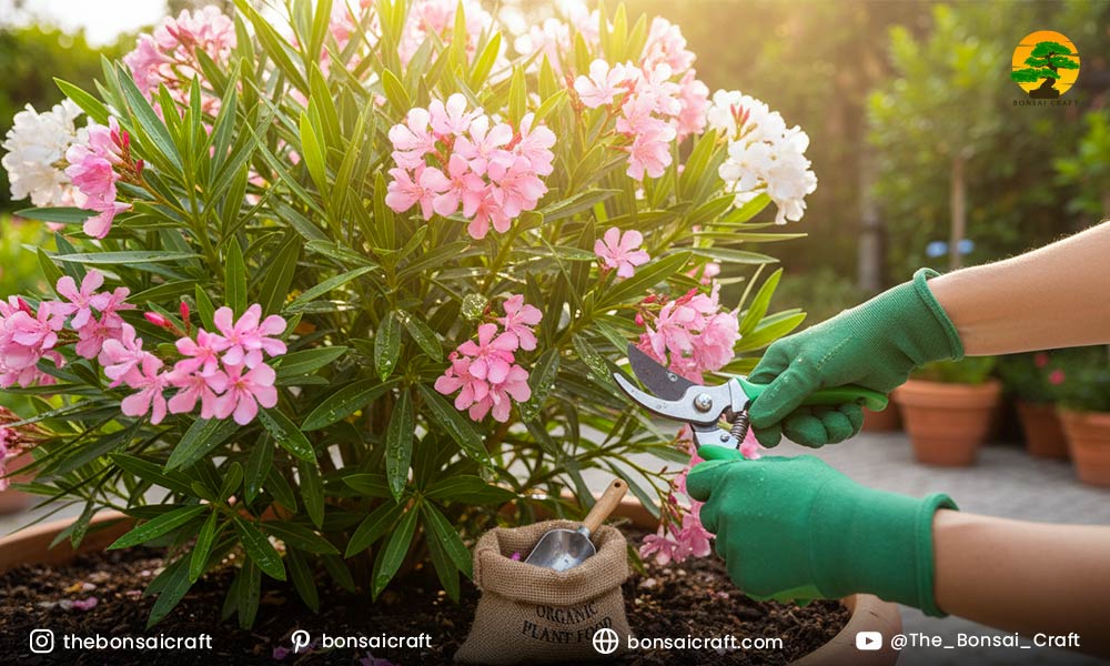 Blooming Nerium oleander shrub showing proper watering, sunlight, and pruning care.
