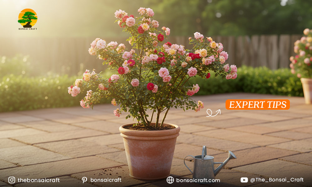 Healthy Rosa chinensis (China Rose) plant with glossy green leaves and blooming flowers under sunlight.