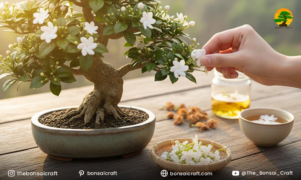 Freshly picked Jasminum sambac flowers in a basket, ready for use in perfumes, tea, and natural remedies.