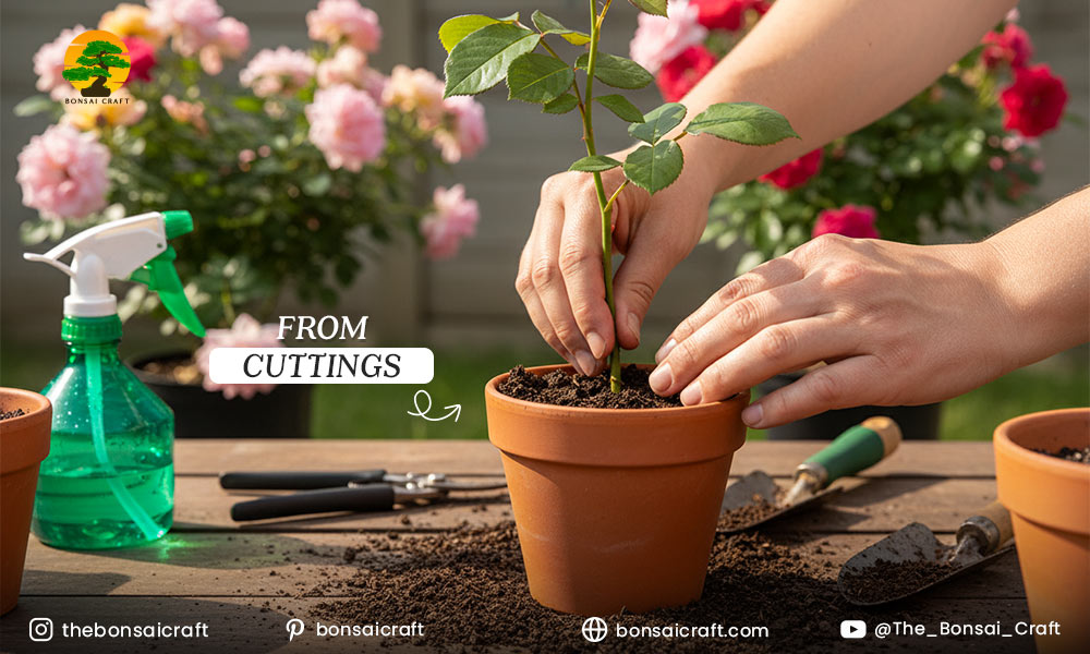 Hands planting China Rose cuttings in moist soil for easy propagation and healthy root development.