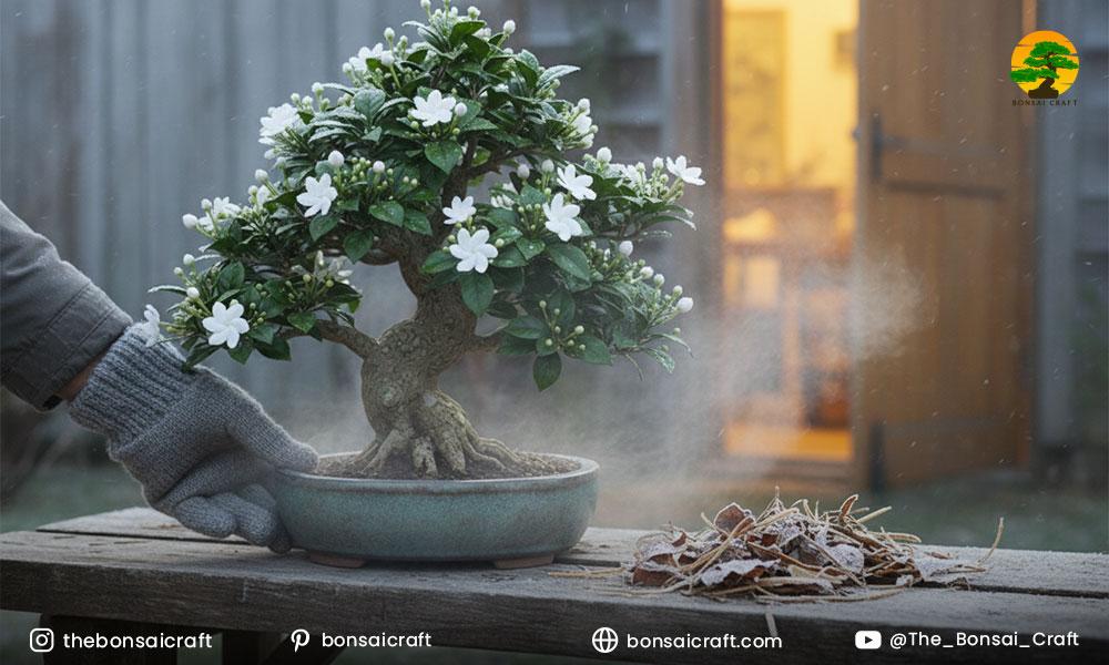 Potted Jasminum sambac plant moved indoors during winter to protect from frost and cold temperatures.