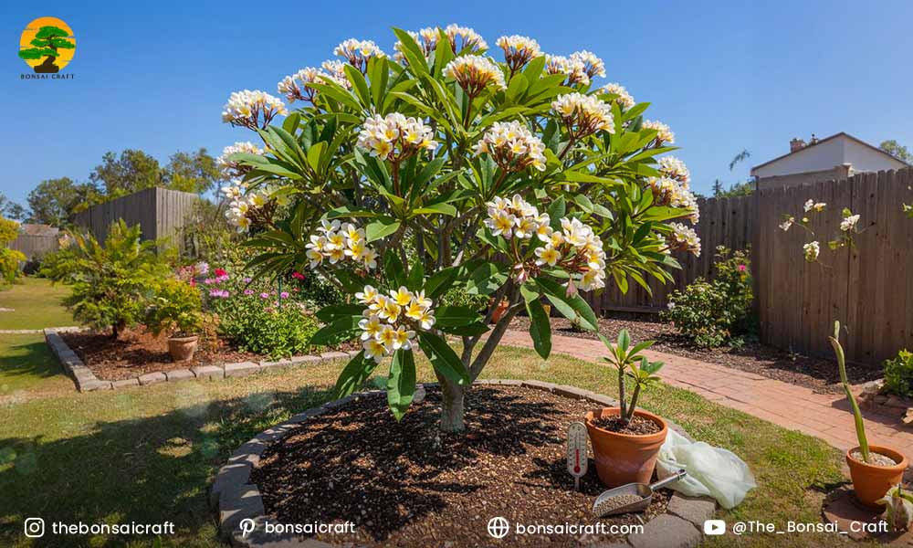 Plumeria plant receiving bright sunlight and balanced watering, showing ideal light, water, and temperature conditions.