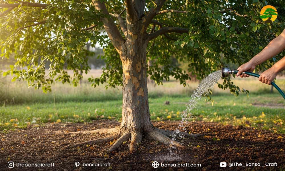 Ulmus parvifolia planted in well-draining soil with careful watering, demonstrating ideal soil mix and watering methods.