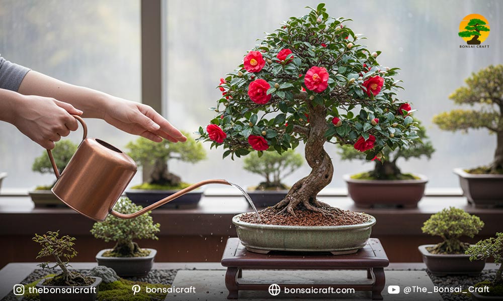 Camellia japonica plant in soil being watered, highlighting proper moisture and hydration care.