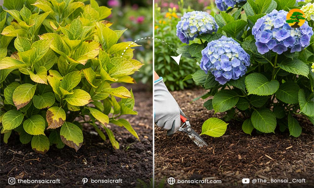 Hydrangea macrophylla leaves showing signs of disease and pests, with treatment solutions.