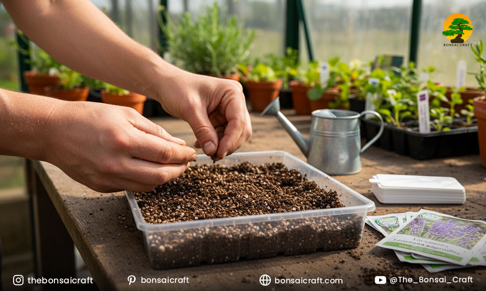 Lavandula angustifolia seeds being sown in soil trays for successful germination and growth.