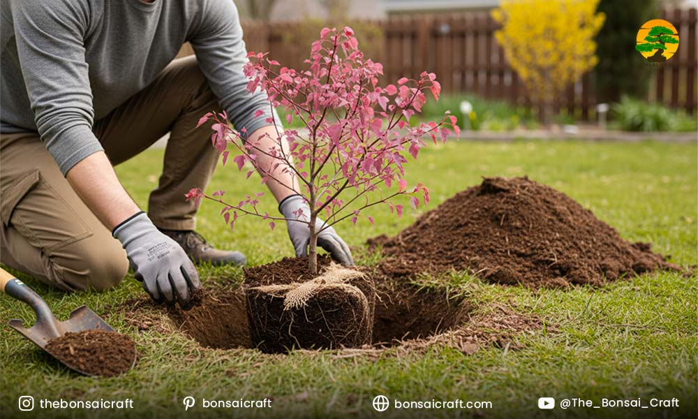 Planting a young Cercis canadensis sapling in well-prepared soil with proper spacing and depth.