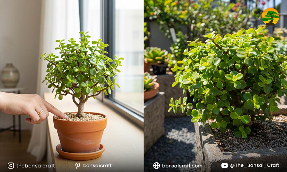 Portulacaria afra growing indoors near sunlight and outdoors in a garden setting, showing care flexibility.