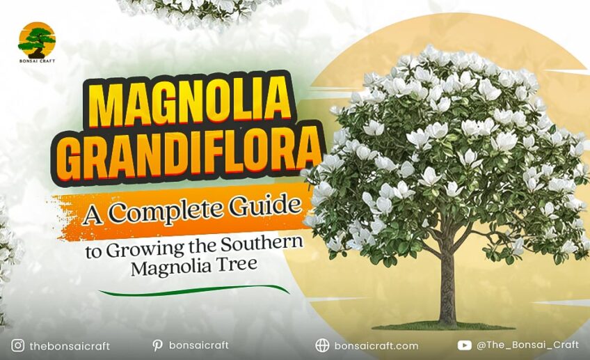 Healthy Magnolia grandiflora tree with glossy evergreen leaves and large white flowers growing in a garden