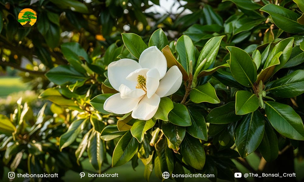 Close-up of a Magnolia grandiflora flower showing large white petals and a bright yellow center