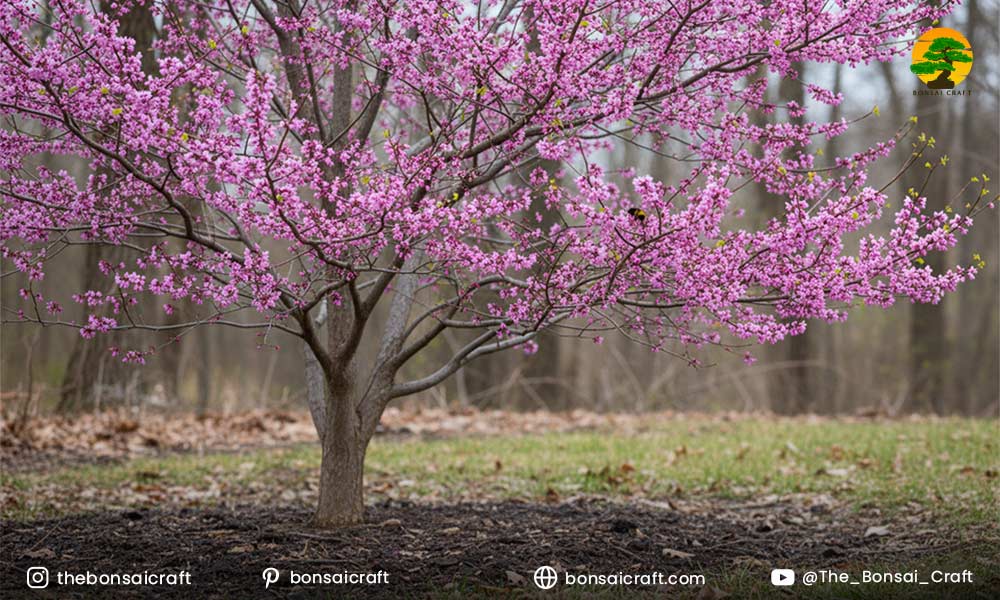 Cercis canadensis tree covered in bright pink blossoms during its early spring flowering season