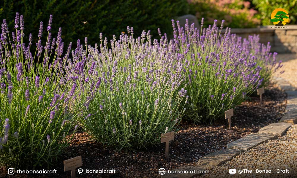 Lavandula angustifolia plants and seed packets displayed at a garden center for planting.