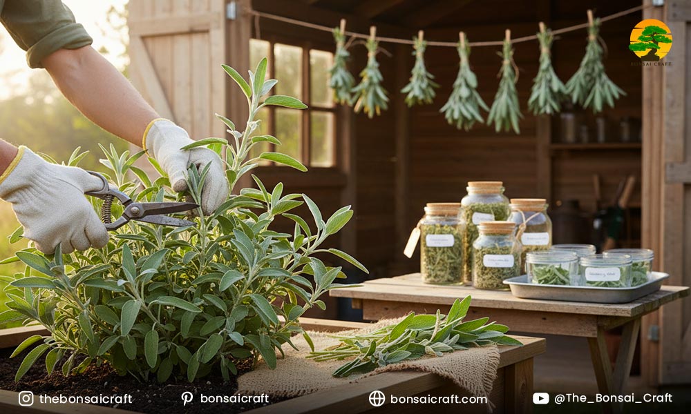 Freshly harvested Salvia officinalis leaves being trimmed and prepared for drying and storage.