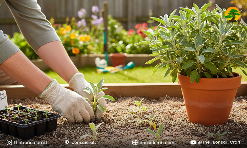 Salvia officinalis seedlings and mature plants showing different growth stages in a garden bed.