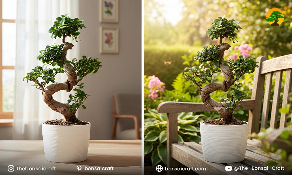 Ficus microcarpa bonsai grown indoors and outdoors, comparing light and placement conditions