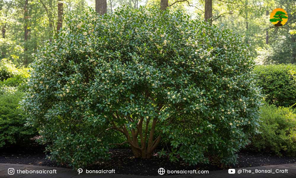 Mature Osmanthus fragrans shrub showing its full height, width, and natural growth habit