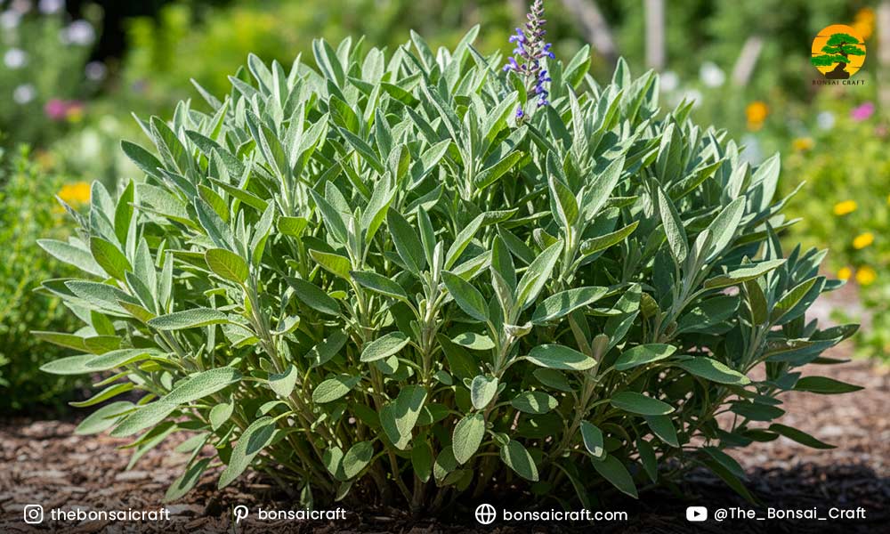 Healthy Salvia officinalis sage plant with soft gray-green leaves growing in a sunny herb garden.