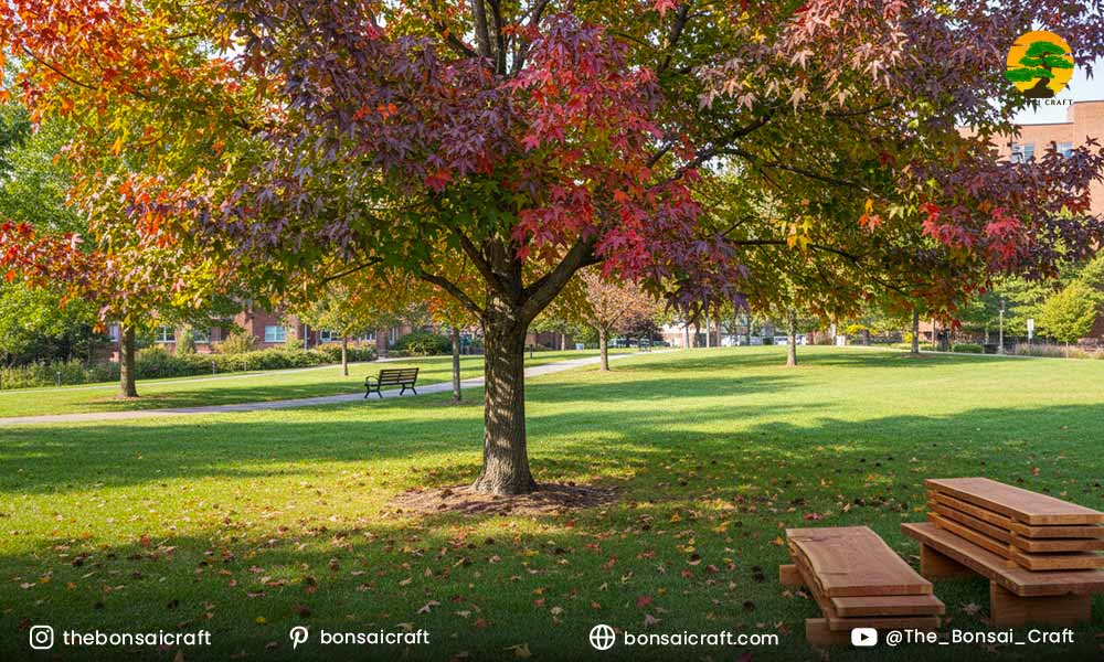 Liquidambar styraciflua tree in a landscape showing its shade, ornamental value, and fall color