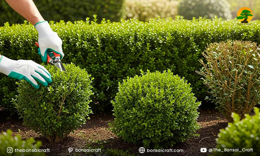 Pruning a Buxus sempervirens shrub with shears to maintain shape and promote healthy growth